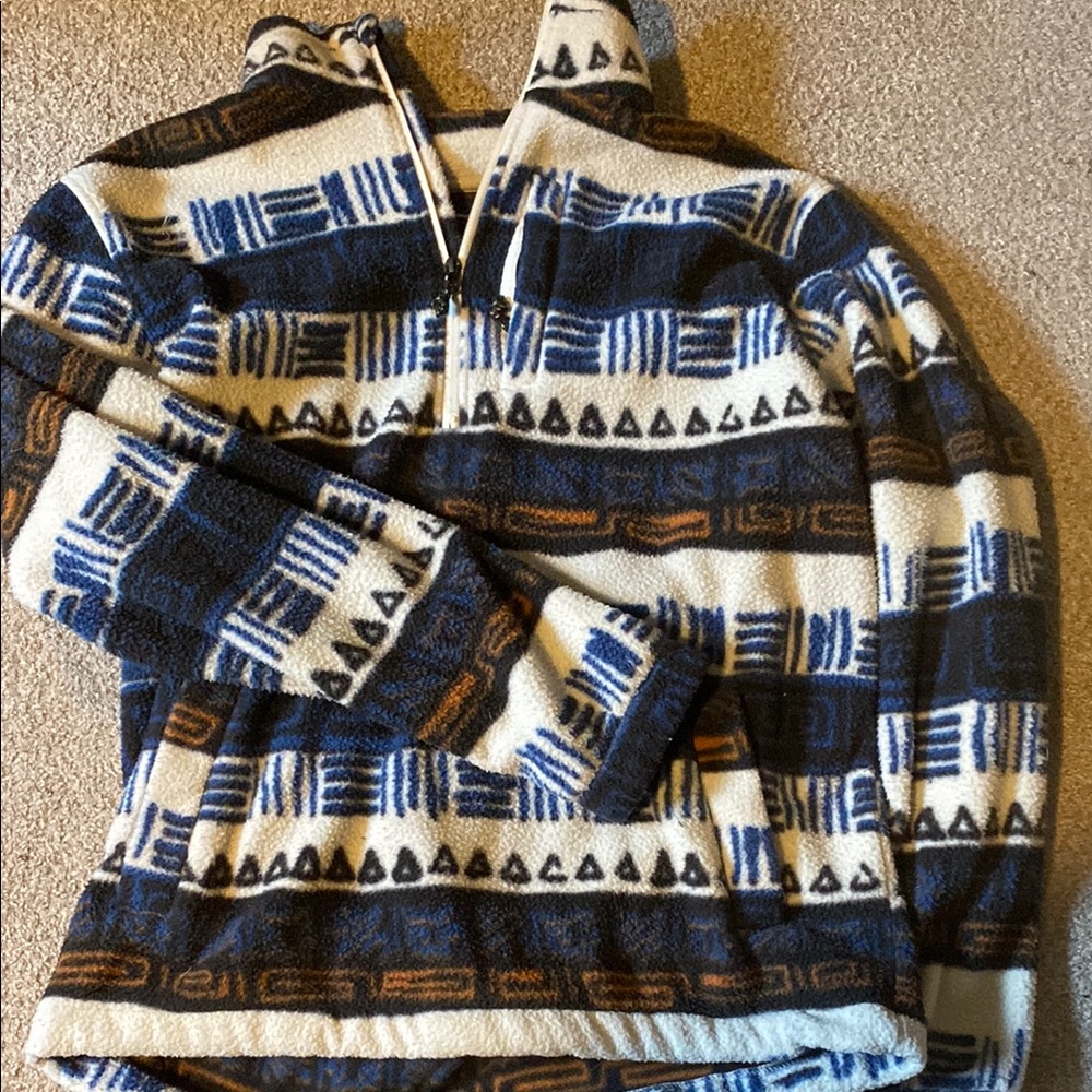 Billabong Blue and Brown Zip Up Sweater with Geometric Pattern
